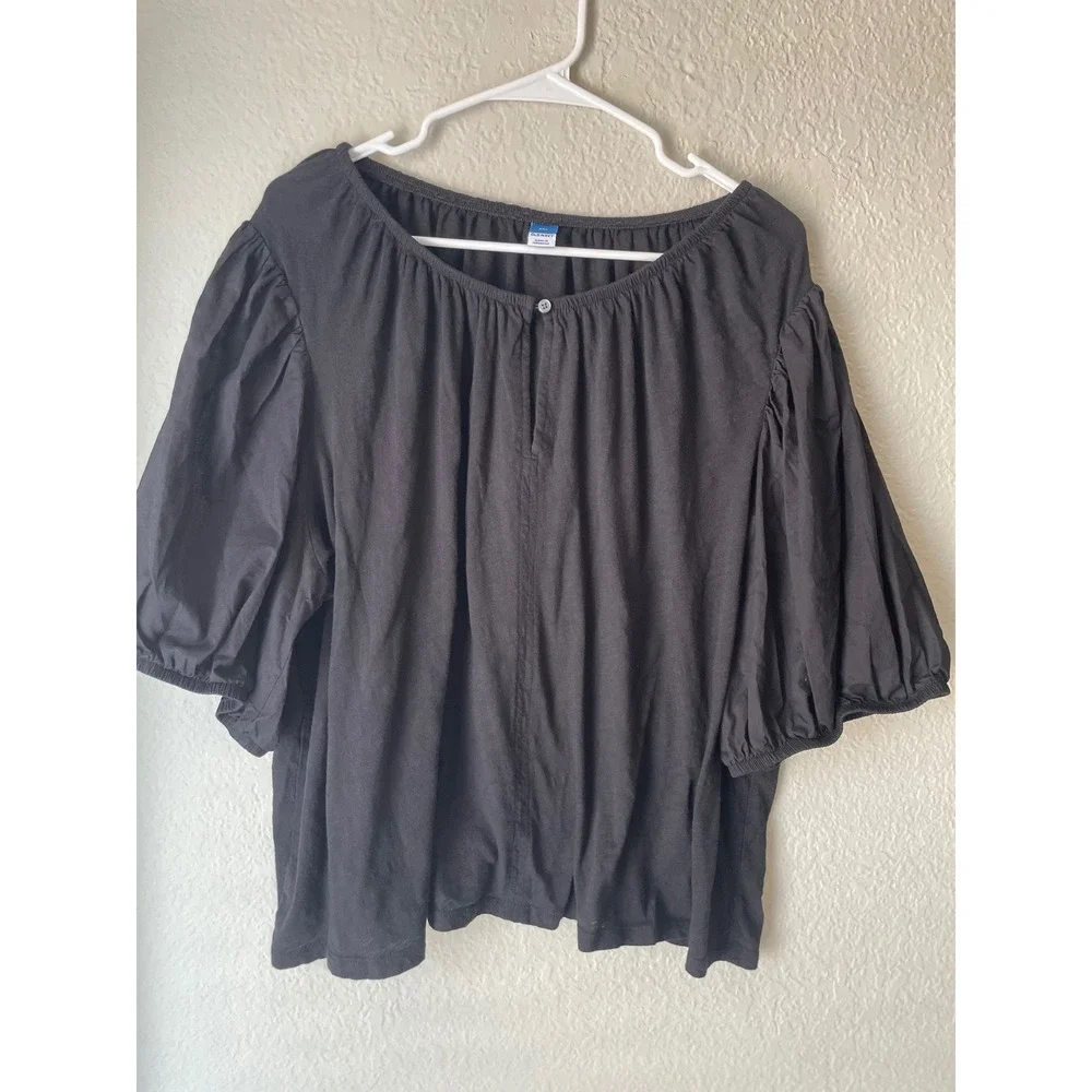 Old Navy Womens Black Puff Sleeve Top XXL Boho Peasant Blouse 100%Cotton.